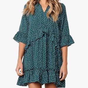 MITILLY Women's V Neck Ruffle Polka Dot Pocket Loose Swing Casual Short Dress